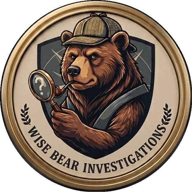 Wise Bear Investigations crest — a detective bear with a magnifying glass